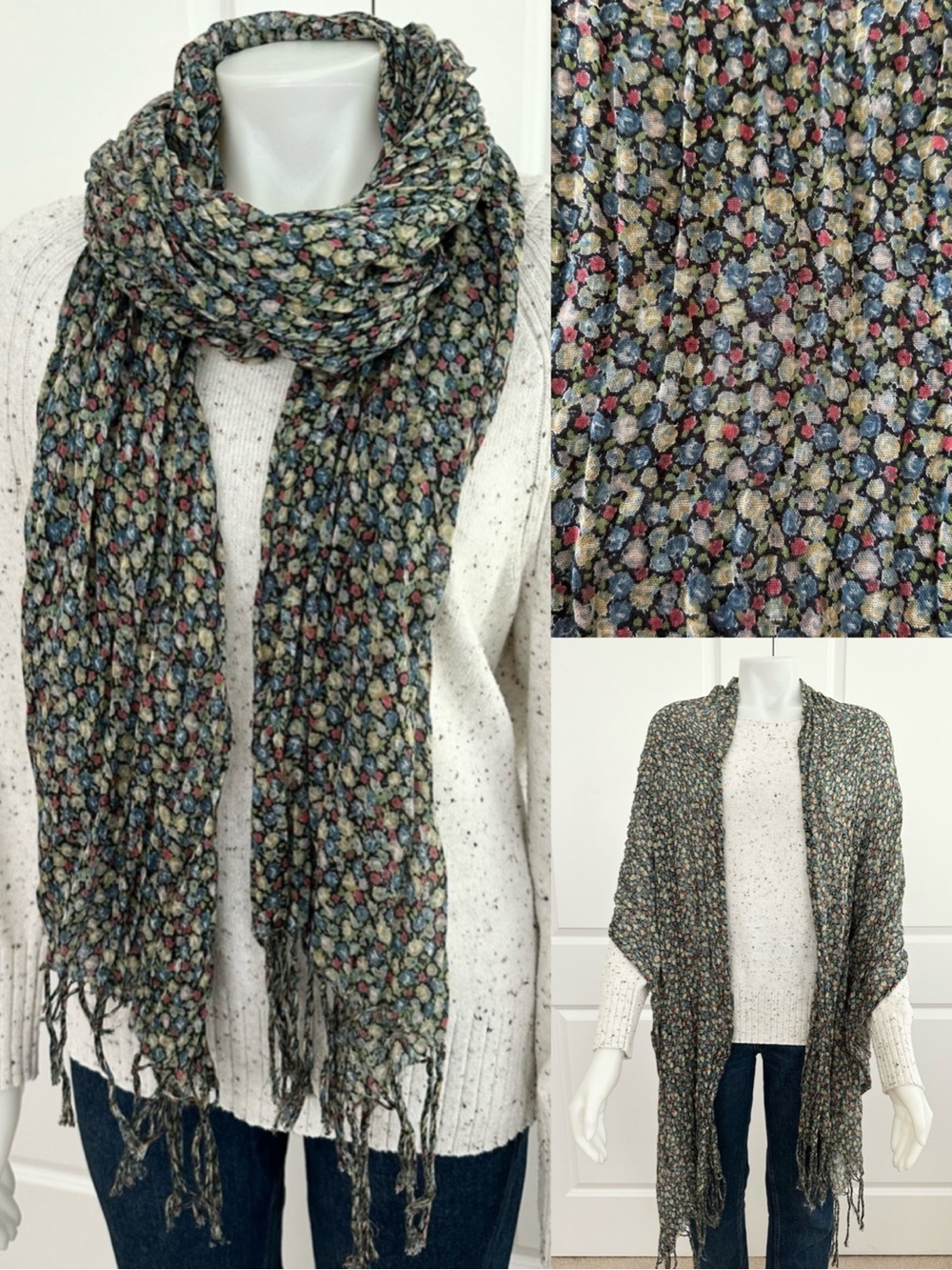 Fall Floral Long Lightweight Scarf With Fringe - Multi Wear - Wrap / Shawl